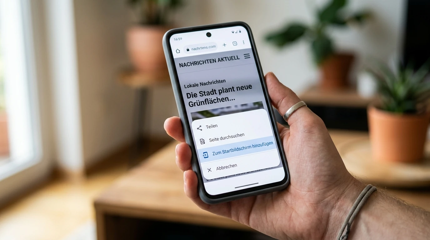 Android-Handy mit dem Menüpunkt zum Hinzufügen einer Web-App auf den Startbildschirm