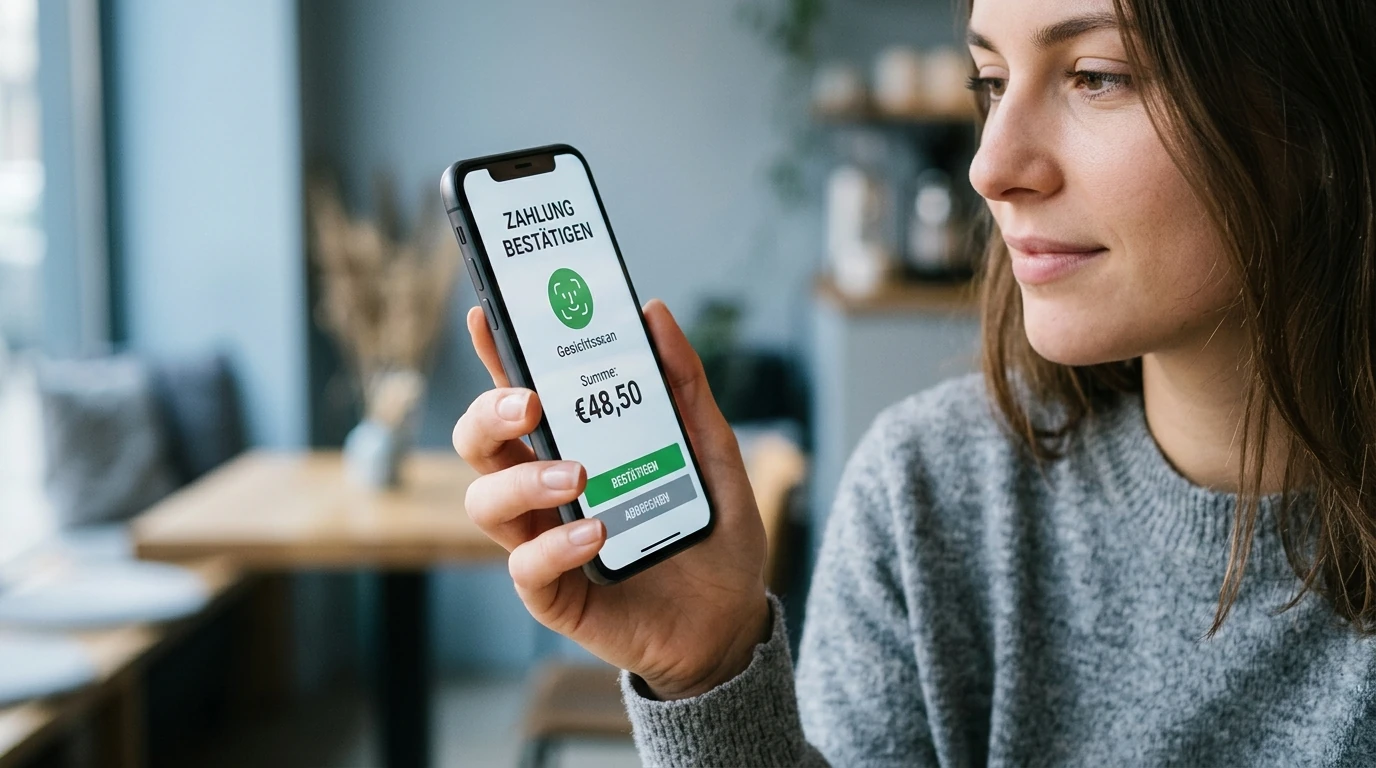 Hand hält iPhone mit geöffneter Wallet zur Bestätigung einer Einzahlung per Face ID