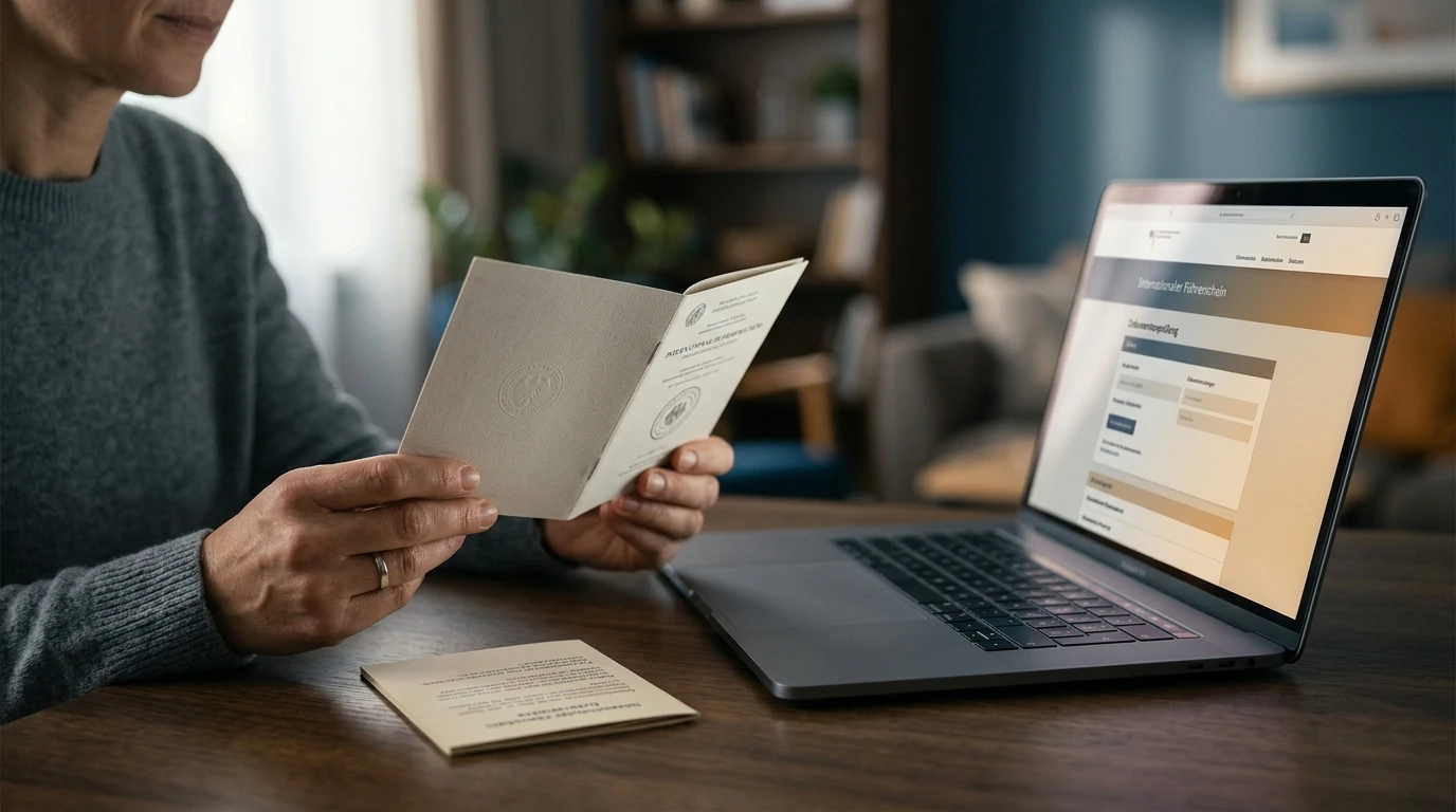 Laptop mit neutraler internationaler Lizenzdarstellung und Warnhinweis