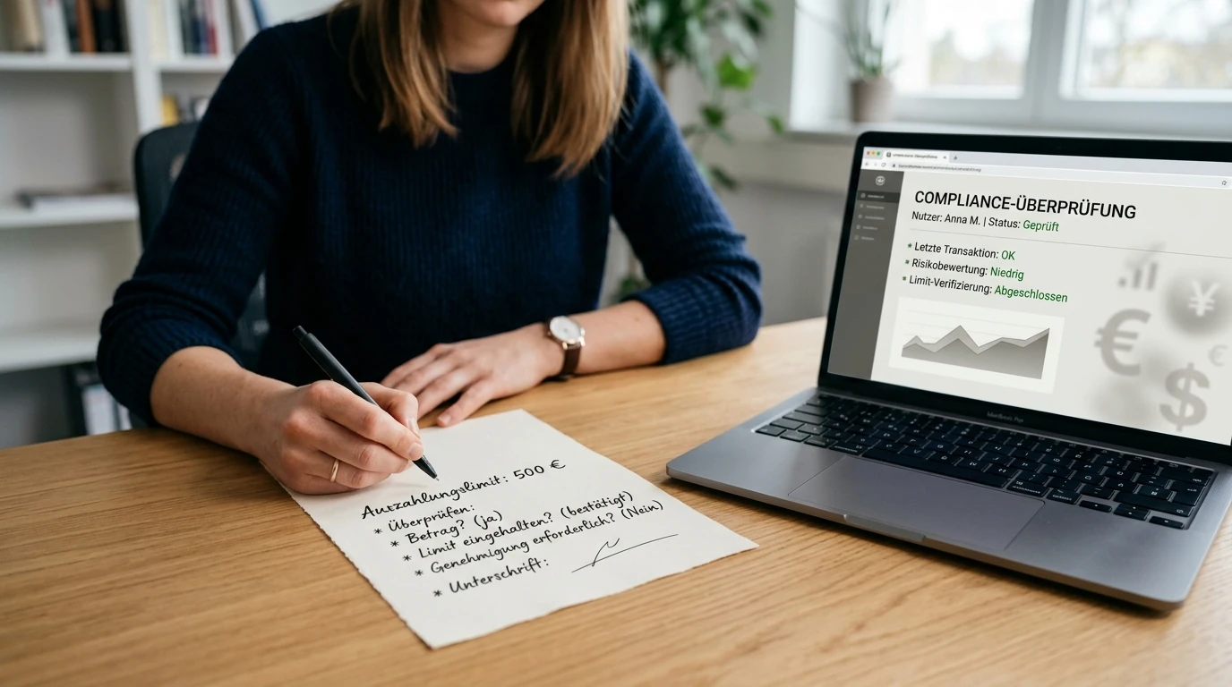 Person prüft Auszahlungslimits auf Notizblatt neben neutralem Laptop