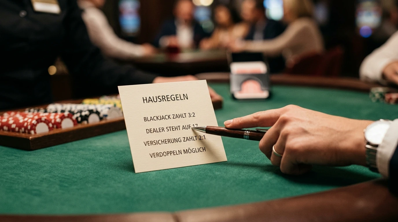 Offene Regelkarte mit neutralem Blackjack-Tisch und markierten Einsatzbedingungen
