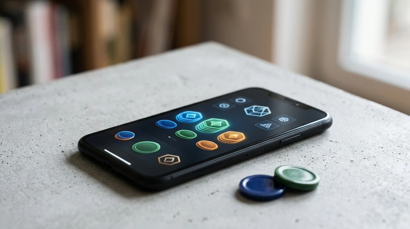 Abstrakte Spielchips, Smartphone und Krypto-Symbol ohne Geldscheine oder Markenlogos