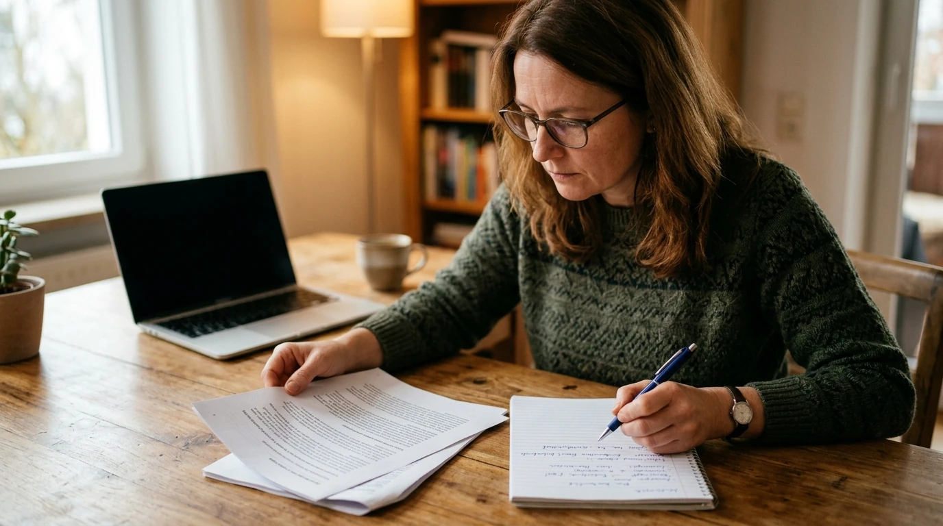 Person prüft mit Stift und Notizblock die Bedingungen eines Bonus ohne Einzahlung