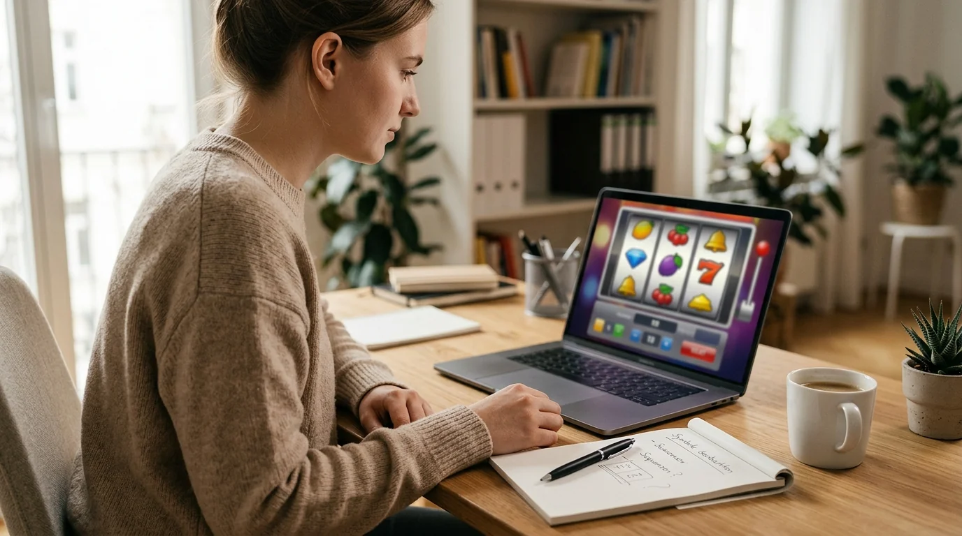 Spieler prüft die Bedingungen eines Casino-Bonus ohne Einzahlung am Laptop
