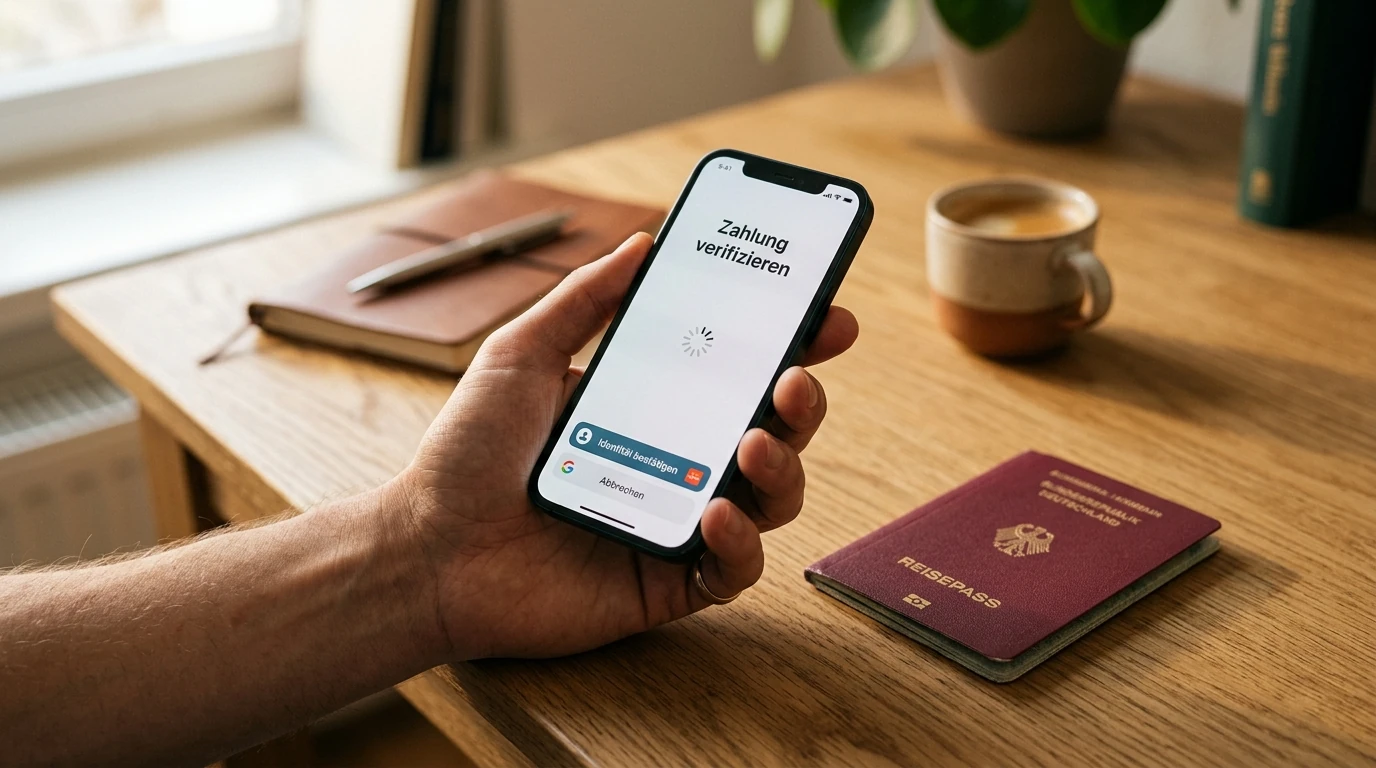 Hand hält Smartphone mit geöffneter Bezahl-App neben einem hochgeladenen Ausweisdokument