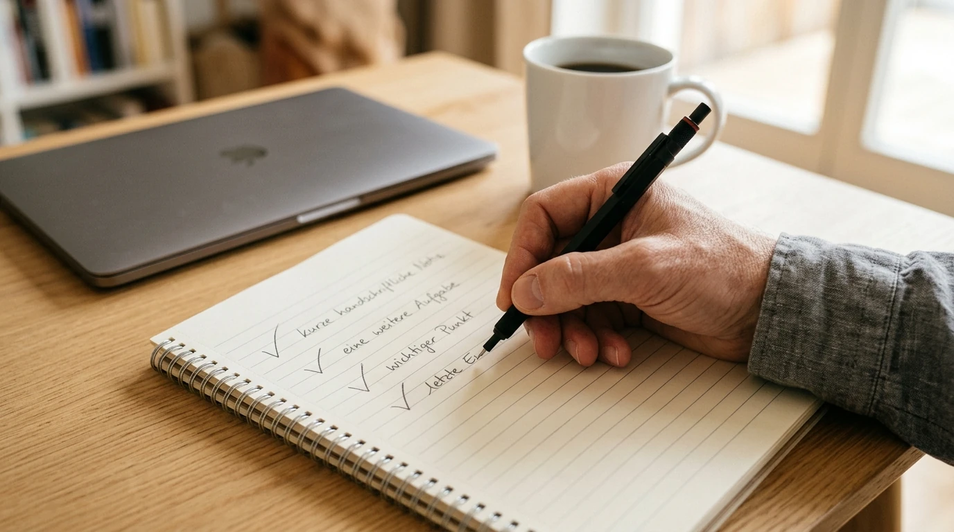 Hand mit Stift arbeitet eine handschriftliche Kriterienliste auf einem Notizblock ab