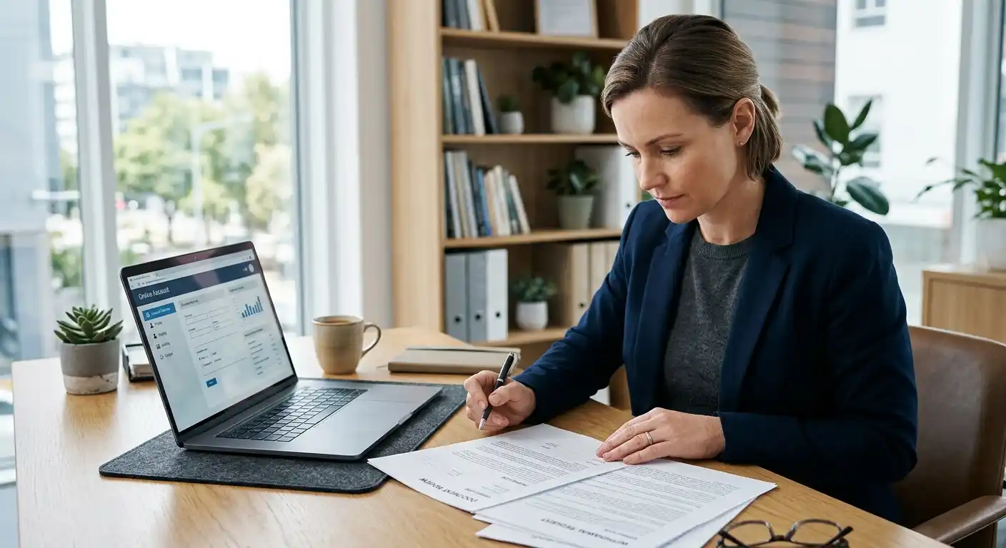 Person prüft Zahlungsbedingungen und KYC-Hinweise auf einem neutralen Laptop