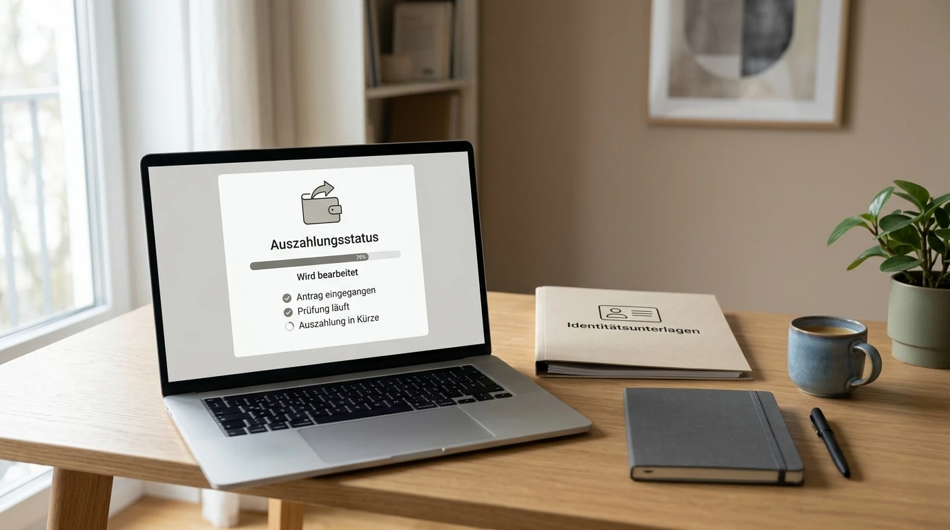 Neutrale Darstellung einer Auszahlung mit KYC-Dokumenten und Wallet-Symbol