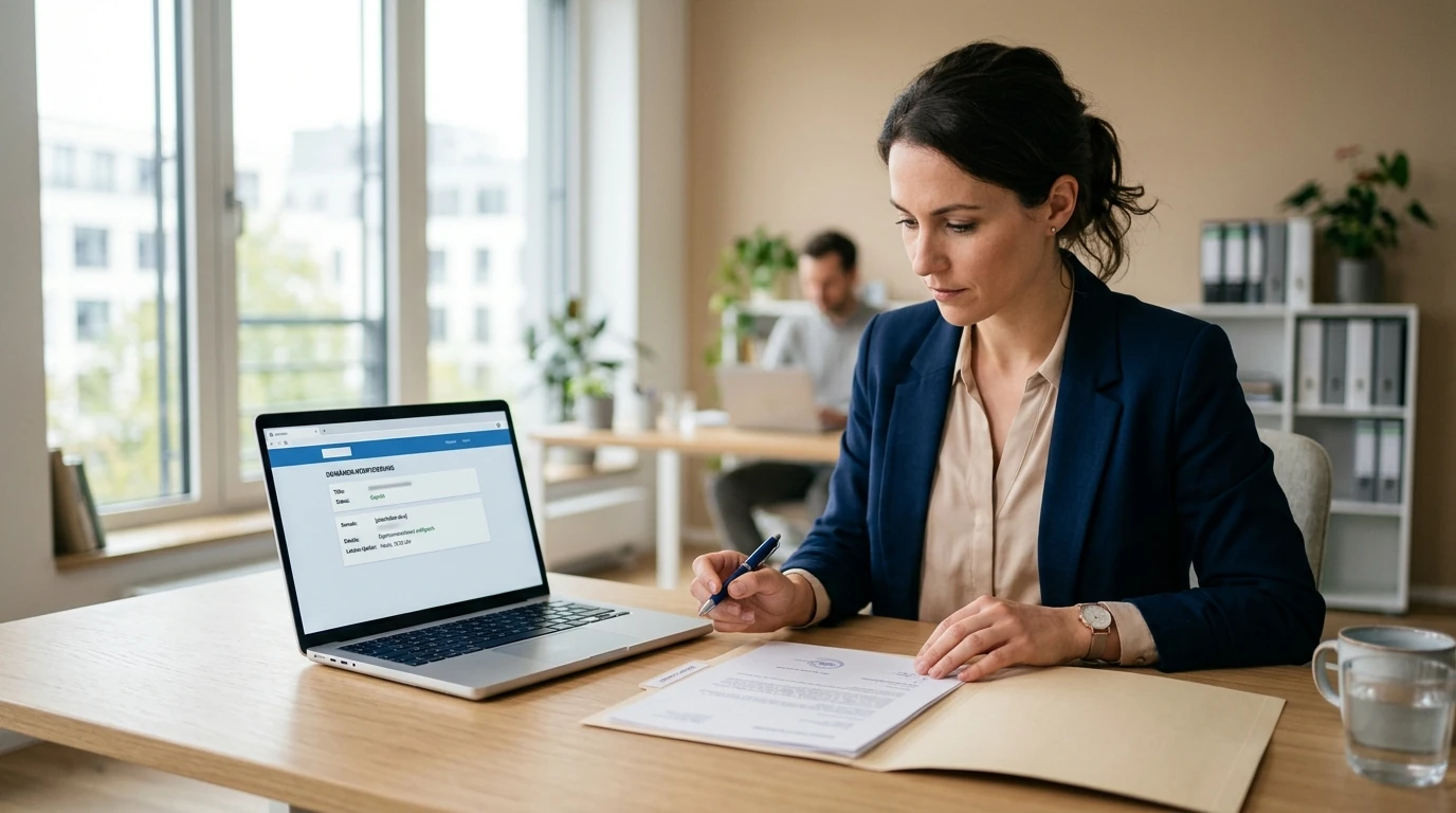 Neutrale Lizenzunterlagen und Laptop mit internationaler Domainprüfung