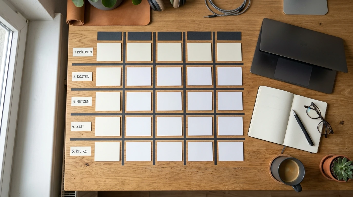 Neutrale Entscheidungsmatrix mit fünf Prüfpunkten auf einem Schreibtisch