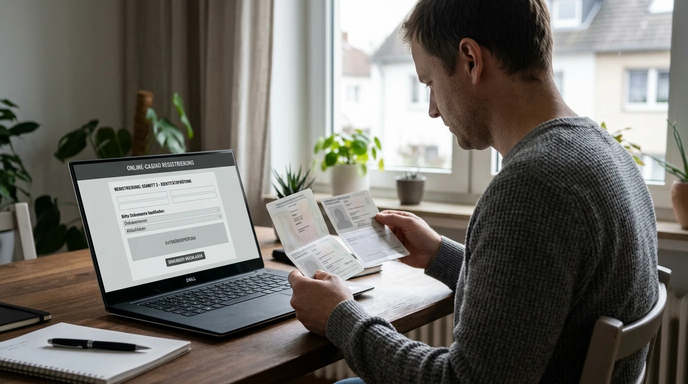 Person prüft Identitätsunterlagen am Laptop bei der Registrierung eines Online-Casinos