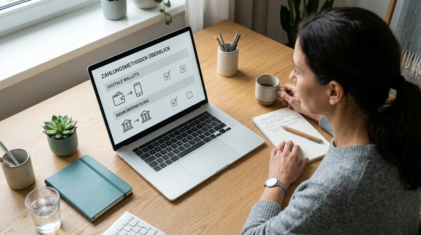 Neutrale Zahlungsübersicht mit Banküberweisung, E-Wallet und Prüfvermerken