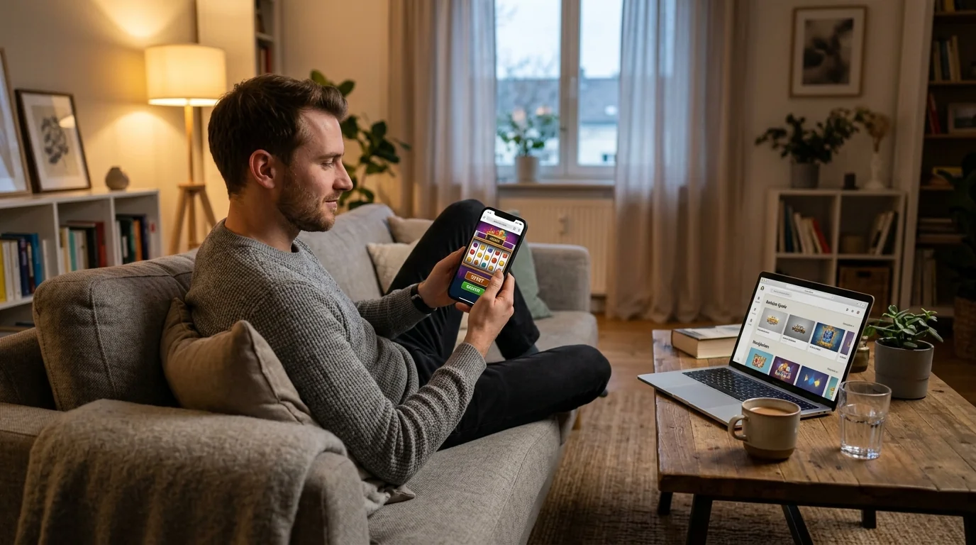 Person spielt Gratis-Slots im Browser auf einem Demo-Portal ohne Anmeldung