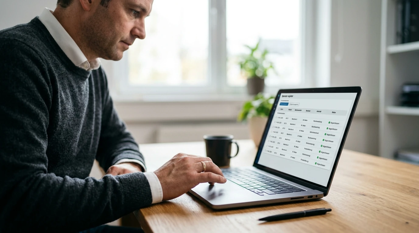 Laptop mit neutraler Anbieterliste und Häkchen für eine Lizenzprüfung