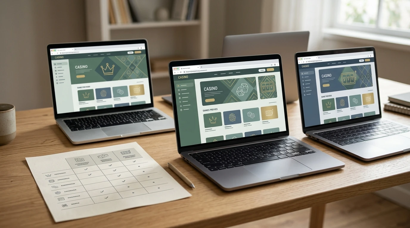 Vergleich mehrerer neutraler Casino-Webseiten ohne erkennbare Markenlogos