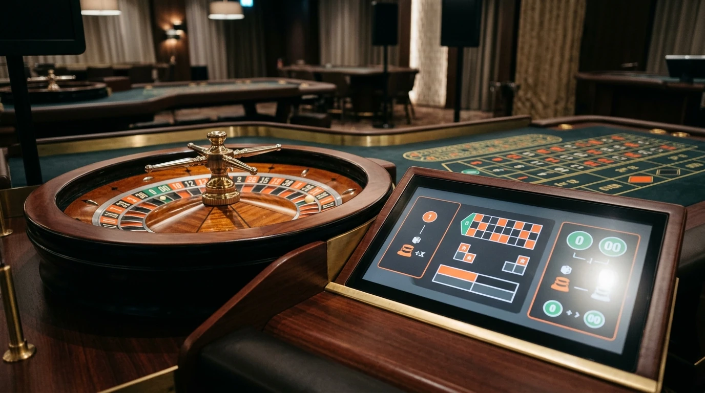 Neutrale Anzeige eines Roulette-Tischs mit Regelkarte und Einsatzfeldern