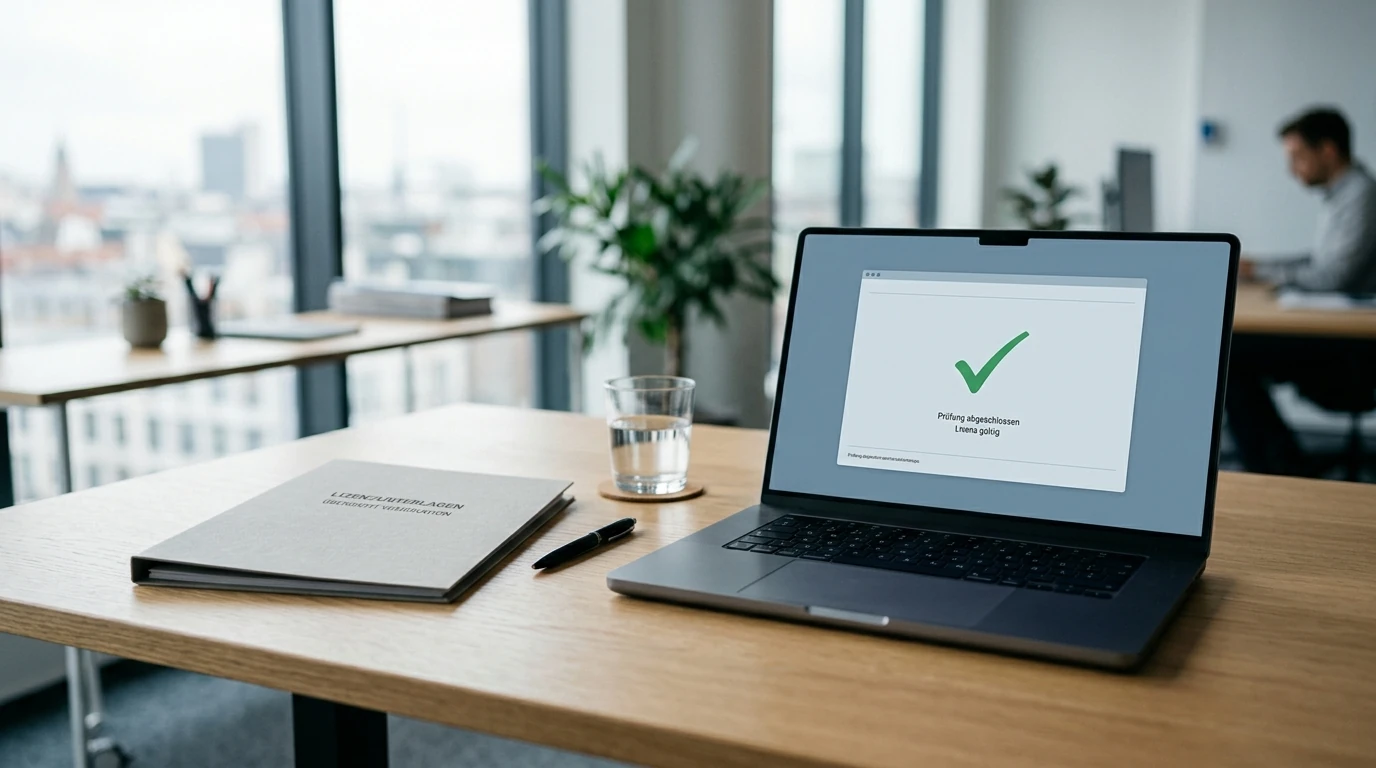 Neutraler Lizenzordner und Laptop mit bestätigtem Häkchen ohne Markenzeichen