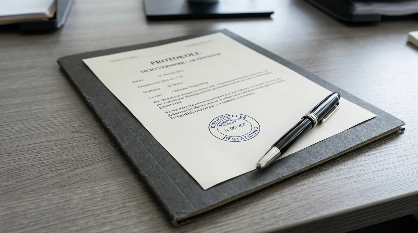 Amtliches Dokument mit Stempel auf einem Aktendeckel als Bild für die deutsche Erlaubnis