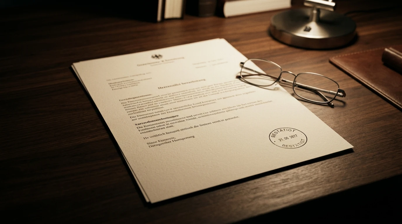 Amtliches Dokument mit neutralem Stempel und Lesebrille auf dunklem Holzschreibtisch