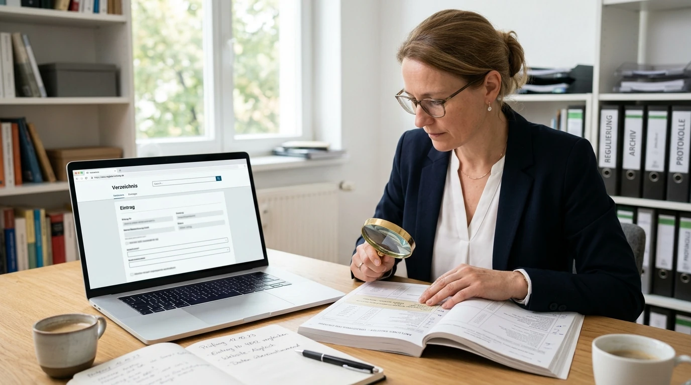 Person gleicht Domain, Betreiber und Lizenz in einem Register ab