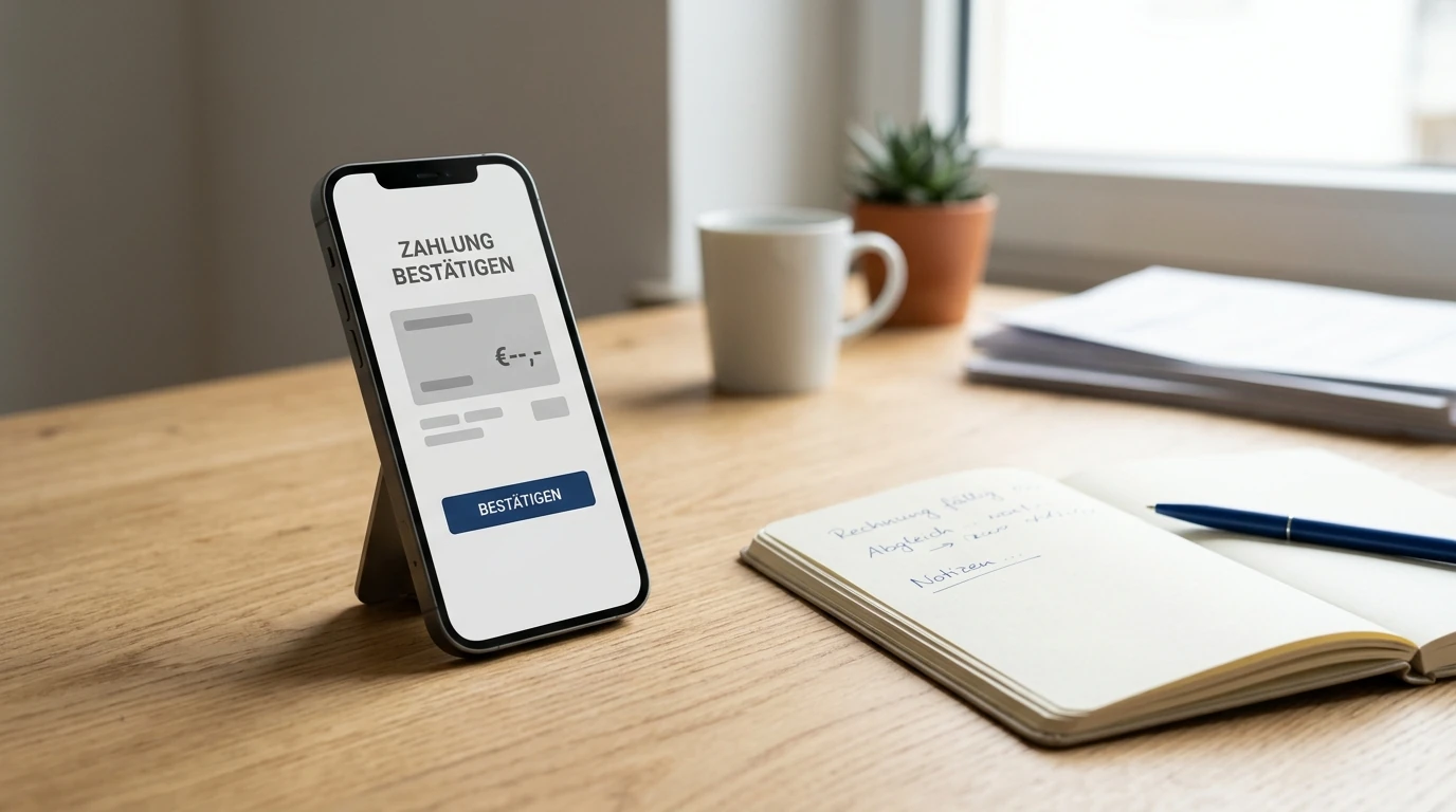Smartphone mit neutraler Zahlungsübersicht auf einem Schreibtisch neben einem aufgeschlagenen Notizbuch