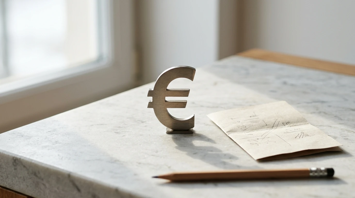 Symbolisches Eurozeichen aus Metall auf einer hellen Tischplatte neben einem Notizzettel