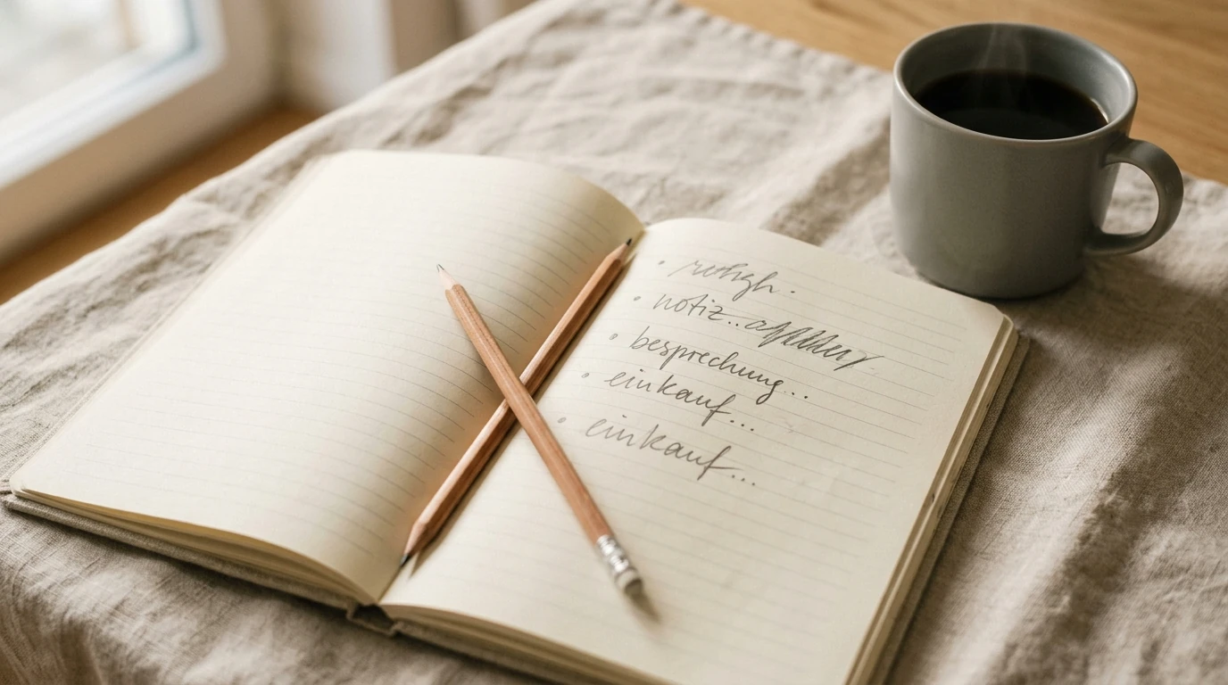 Notizbuch mit handschriftlich festgehaltenen Einzahlungsgrenzen neben einer Tasse Kaffee