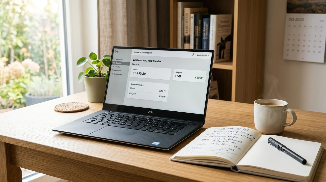 Ruhiger Schreibtisch mit Laptop und Notizblock als Sinnbild für den Einzahlungs- und Auszahlungsablauf