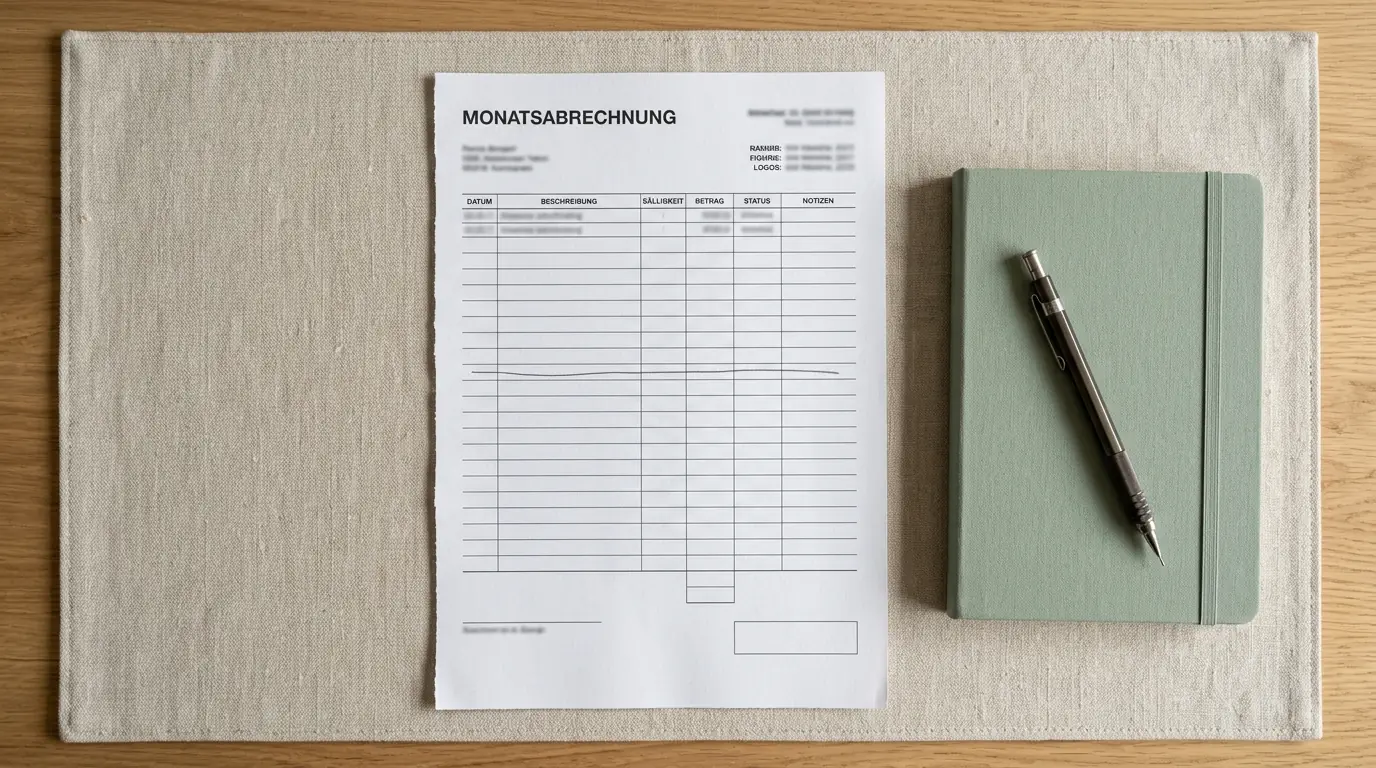 Ausgedruckte Monatsübersicht der Einzahlungen neben einem Notizbuch