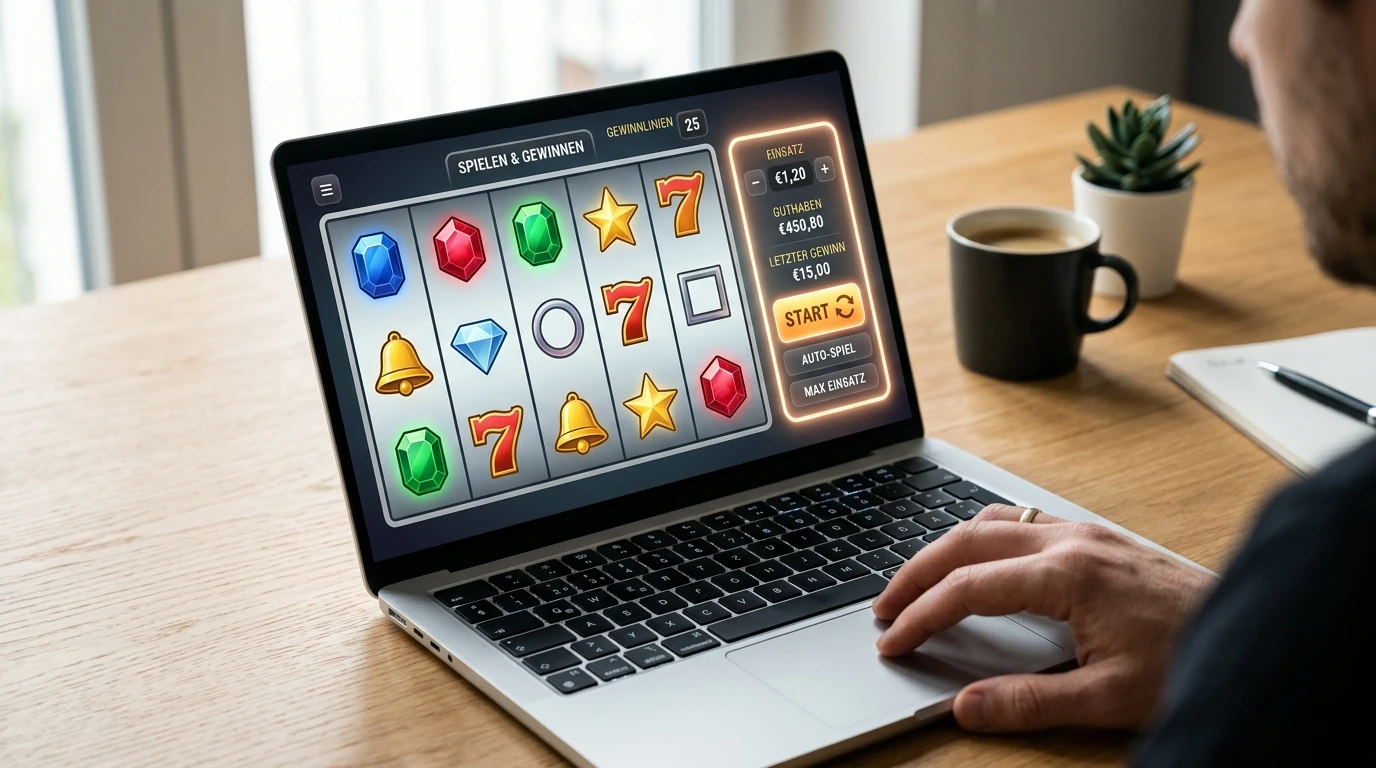 Laptop mit neutraler Walzenansicht und markierter Spielbindung für Freispiele