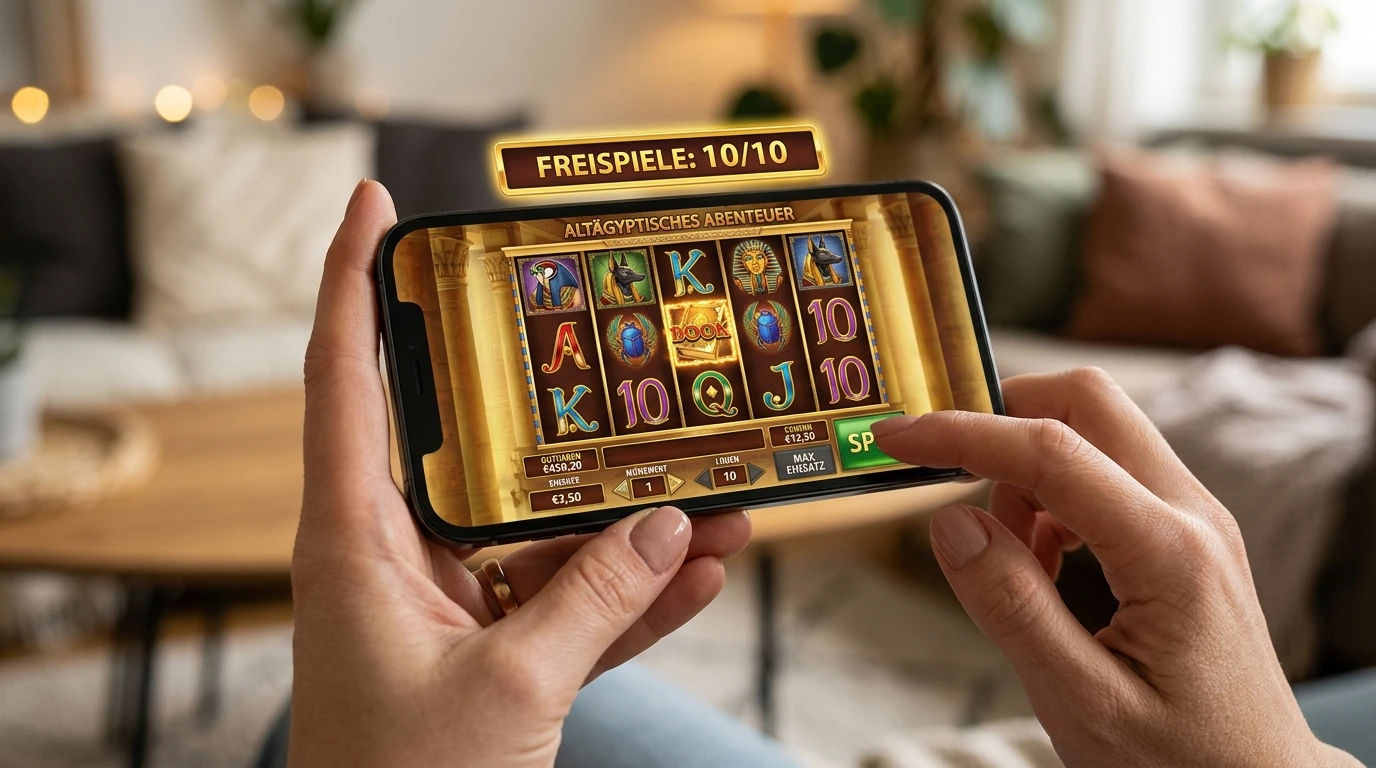 Smartphone mit Casino-App und Spielautomaten-Interface ohne erkennbare Marke