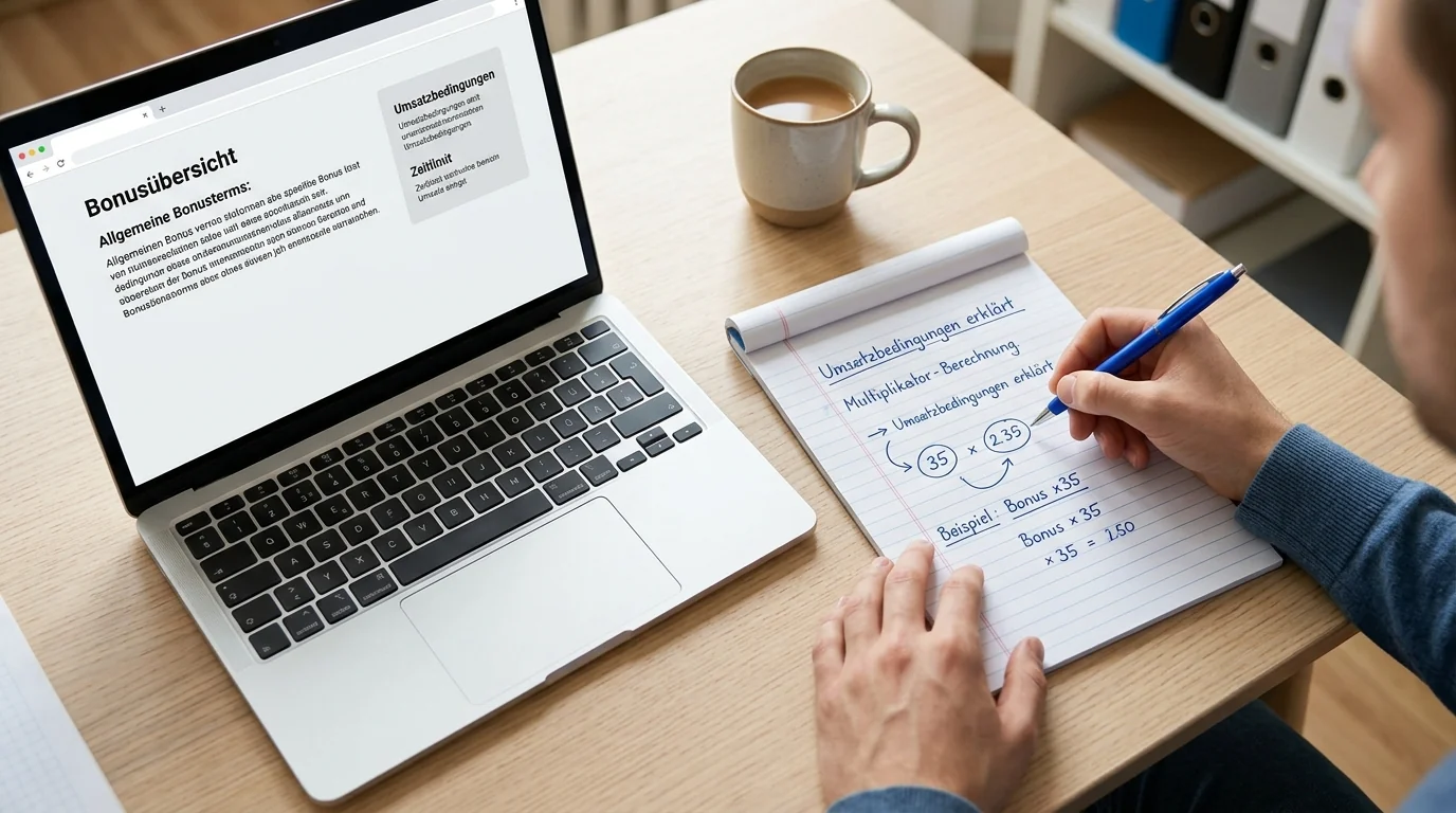 Handschriftliche Umsatznotizen neben einem Laptop mit neutraler Bonusübersicht
