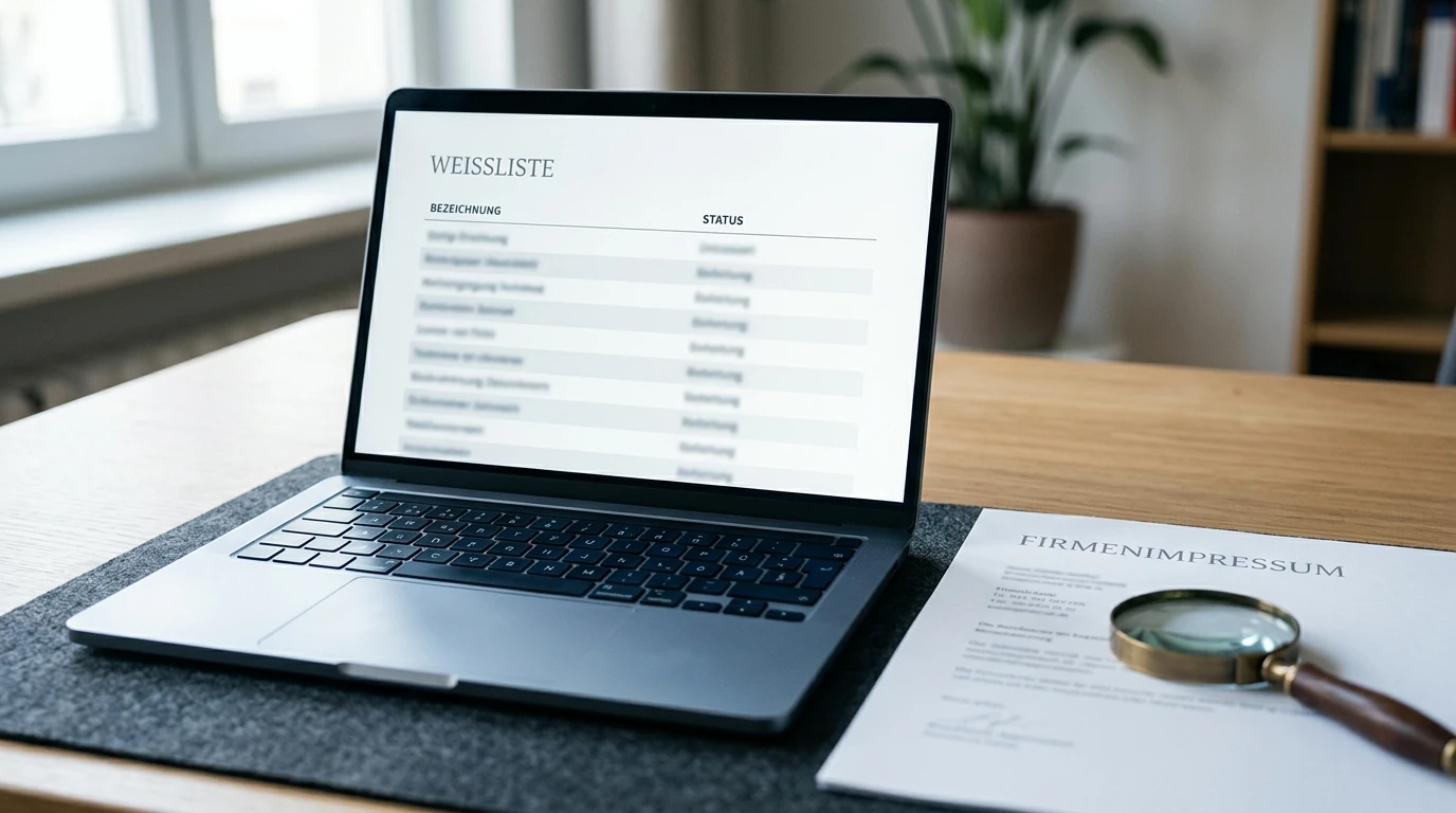Neutrale Whitelist mit Betreibername und Domainprüfung auf einem Laptop