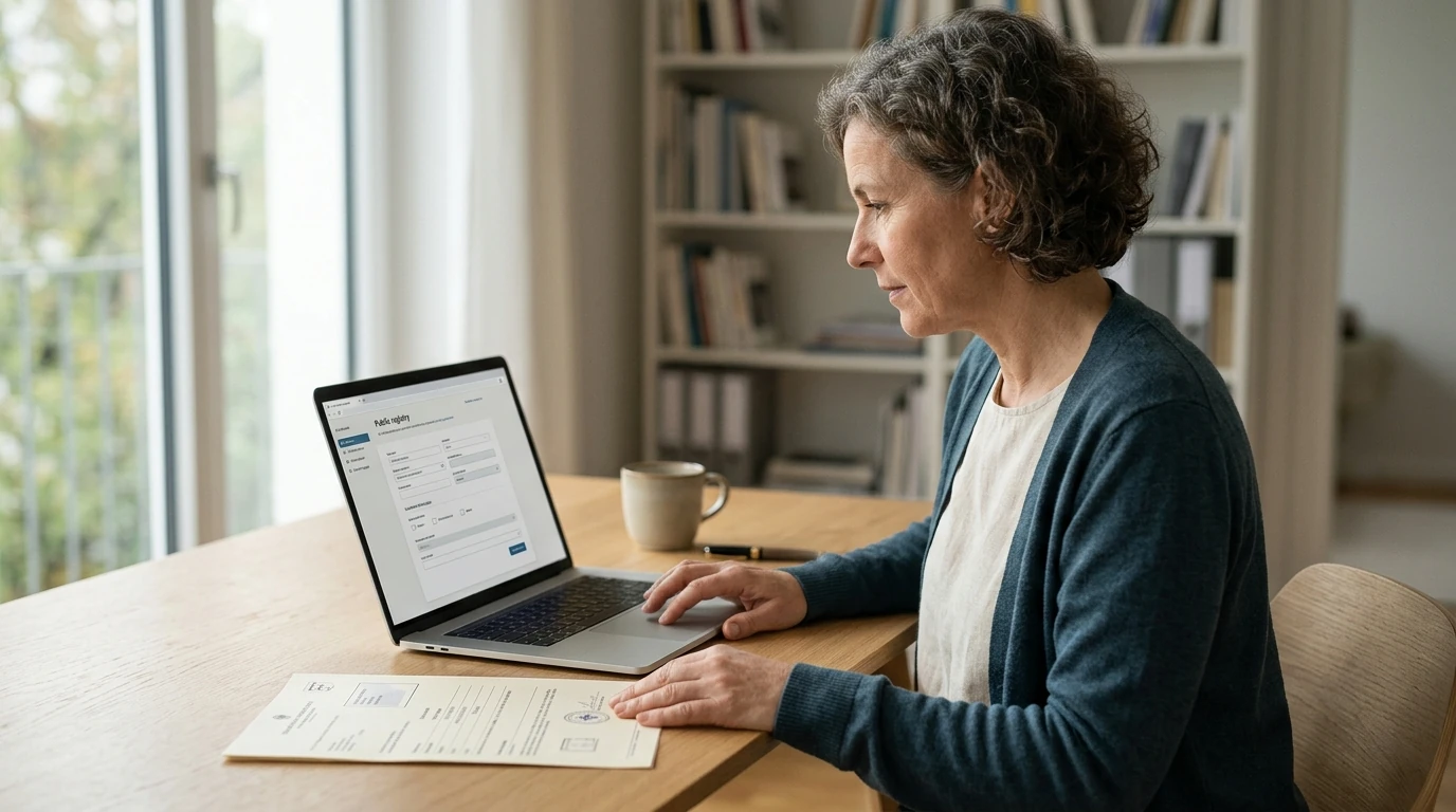 Laptop mit neutraler Registeransicht und markierter Anbieteradresse