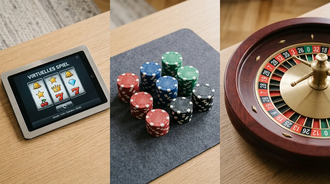 Getrennte Symbole für Spielautomaten, Poker und Roulette auf einer neutralen Übersicht