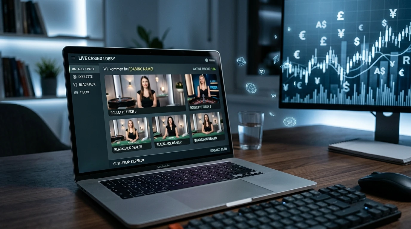 Laptop mit internationaler Live-Casino-Lobby und abstraktem Bitcoin-Symbol ohne Marken