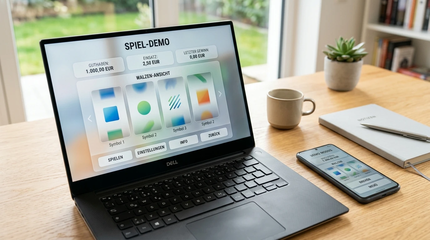 Laptop und Smartphone mit neutralem Demo-Spiel für Jackpot-Spielautomaten