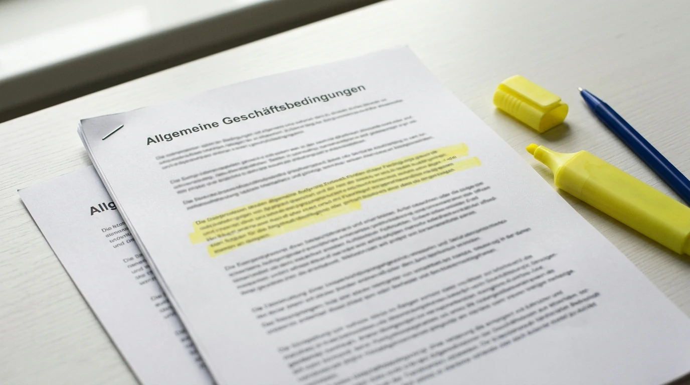 Ausgedruckte Bonusbedingungen mit markierter Textstelle und Stift