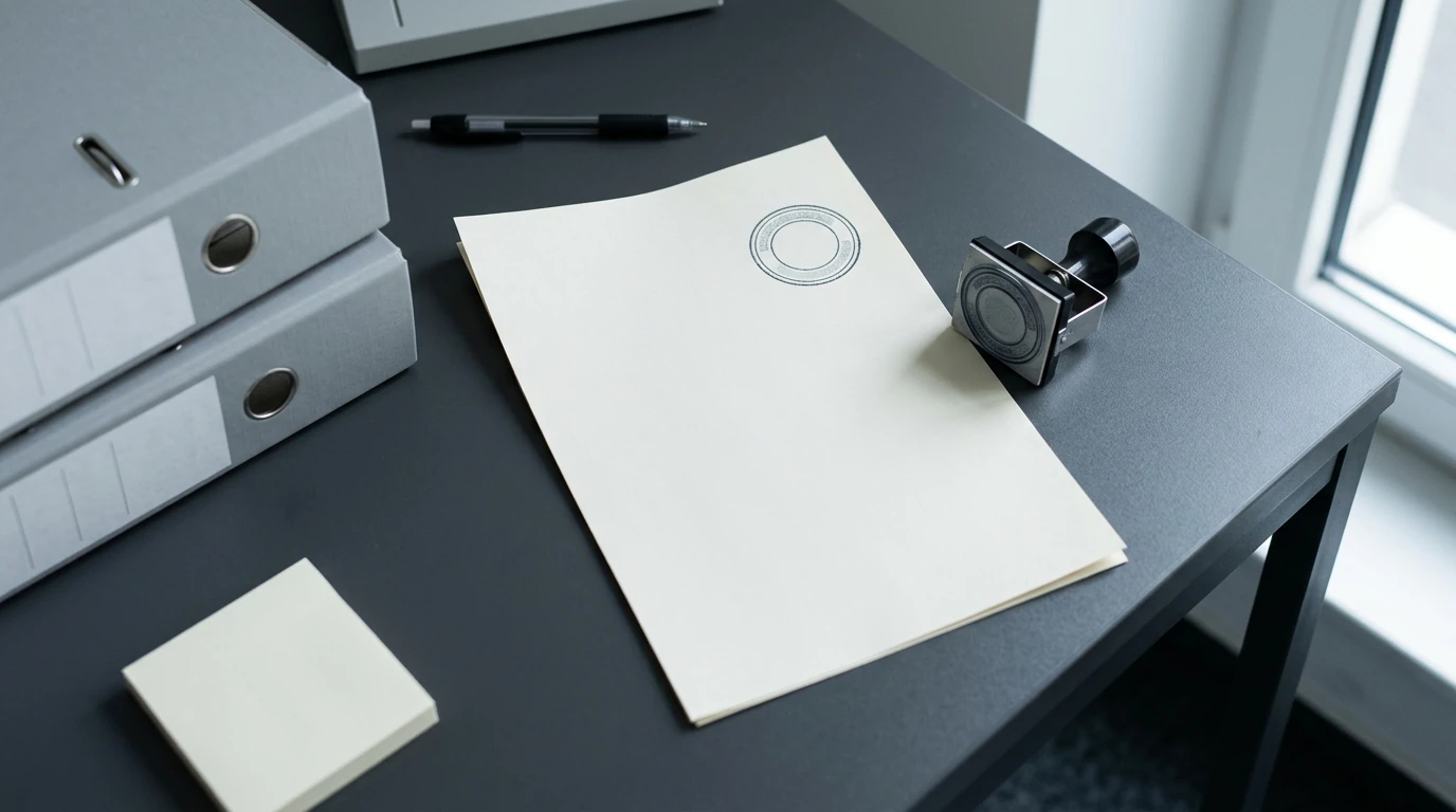 Amtliches Dokument mit Stempel und Aktenordnern auf einem Behördenschreibtisch