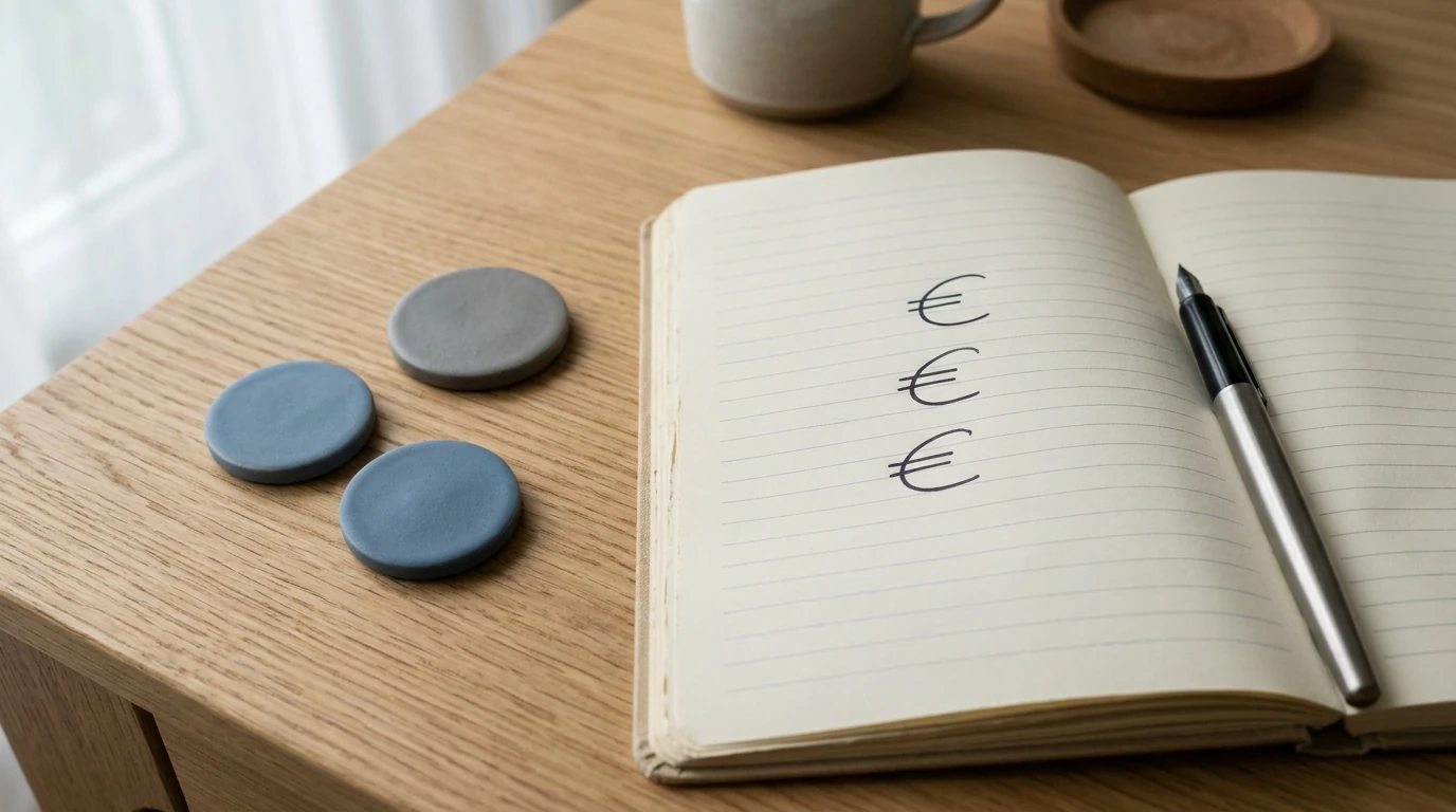 Notizblock mit handschriftlichen Eurozeichen und schlichten Spielmarken ohne Wertangabe