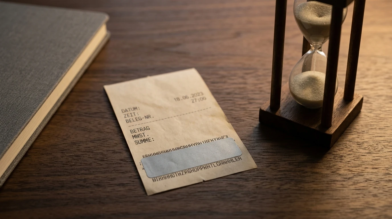 Papierbeleg mit verdeckter Codezeile neben einer Sanduhr auf einem Schreibtisch