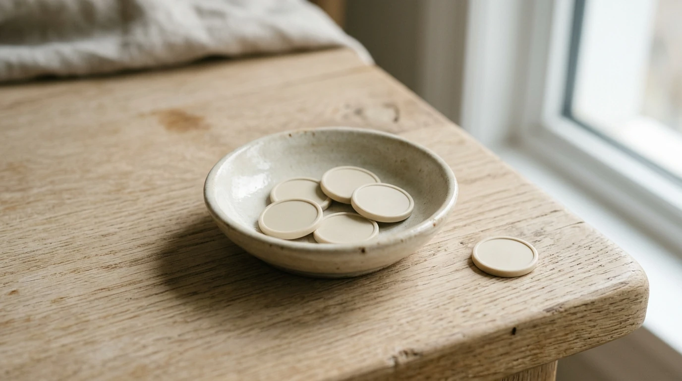 Wenige neutrale Spielmarken in einer kleinen Keramikschale auf hellem Holz