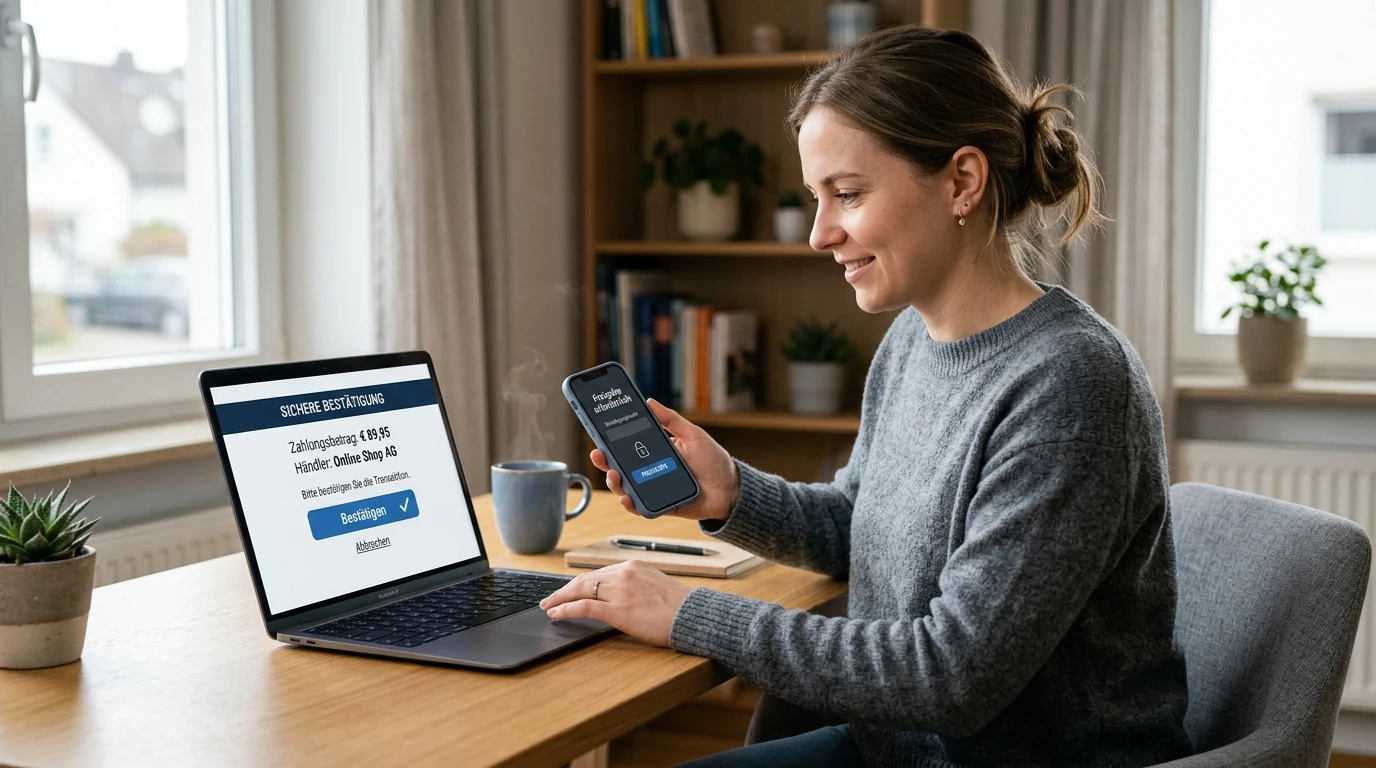 Person gibt eine Online-Banking-Zahlung am Laptop frei als Alternative zur Lastschrift