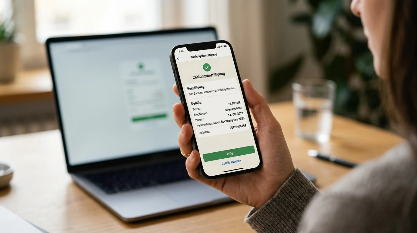 Smartphone mit neutraler Banking-App zur 3D-Secure-Freigabe einer Kreditkarten-Einzahlung