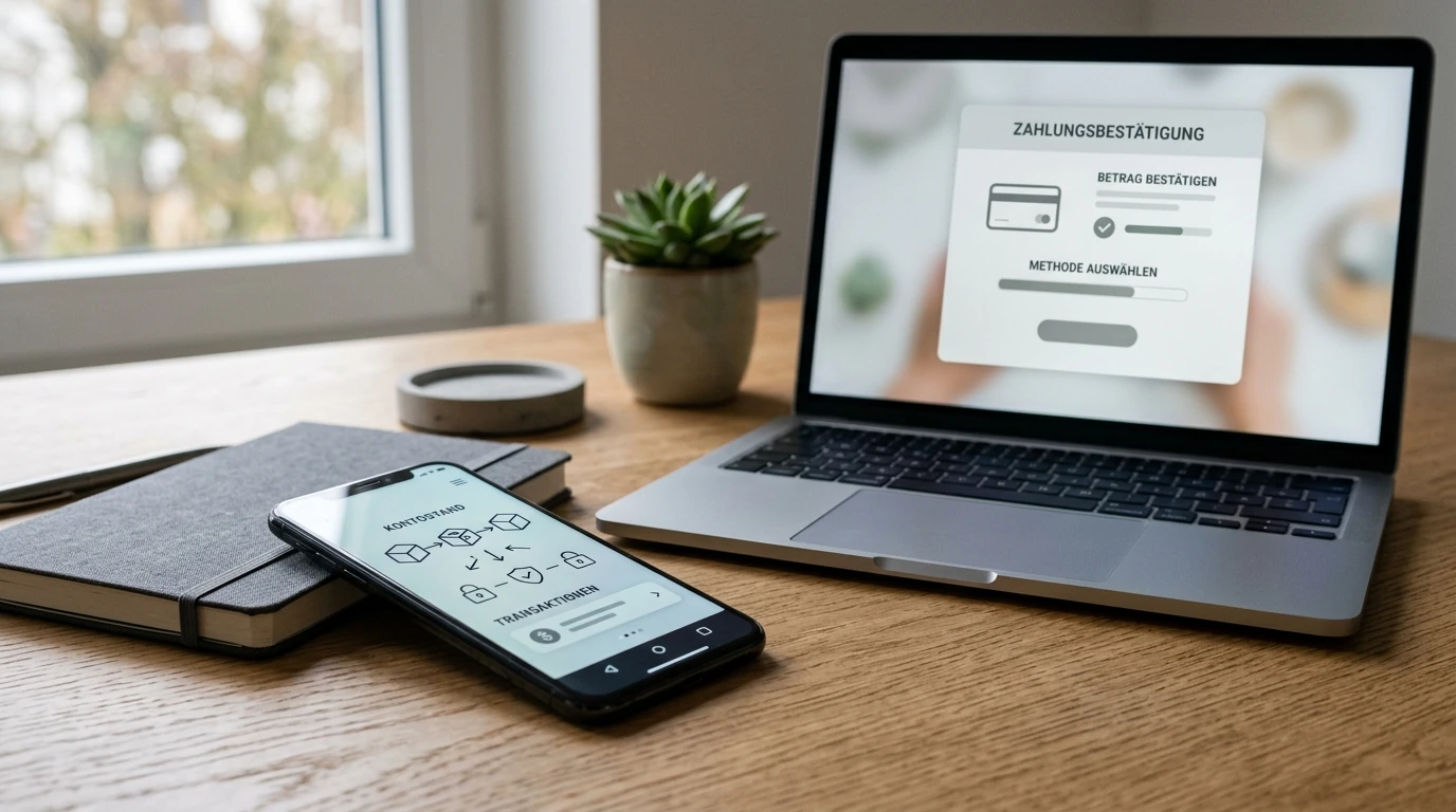 Krypto-Wallet und neutrale Zahlungssymbole auf einem aufgeräumten Schreibtisch