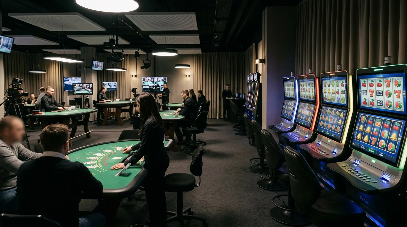 Laptop mit neutralen Spielautomaten und Live-Casino-Tisch ohne Markenlogos