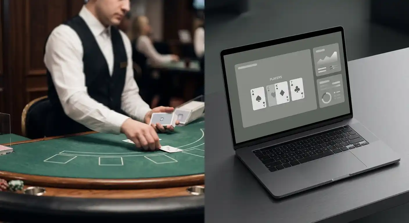 Live-Croupier am Tisch neben einer neutralen digitalen Blackjack-Oberfläche