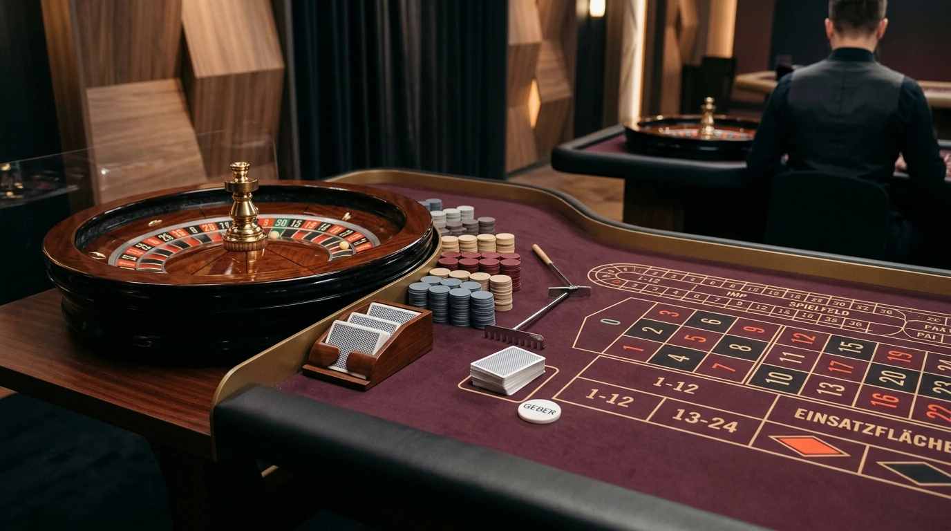 Neutraler Live-Casino-Tisch mit Roulettekugel und Spielkarten ohne Markenlogo