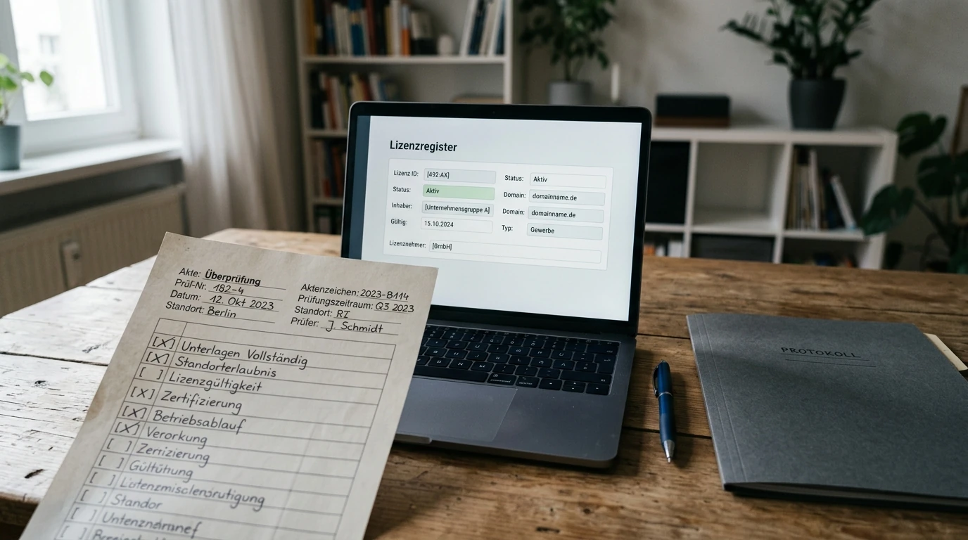 Checkliste neben neutralem Lizenzregister und Domainzeile auf einem Laptop