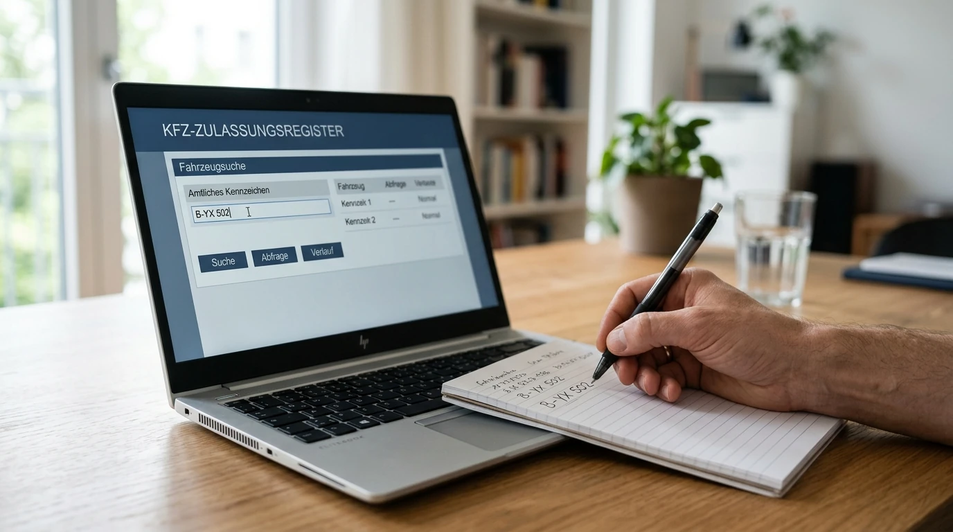 Hand mit Notizblock, Lizenznummer und neutraler Registersuche